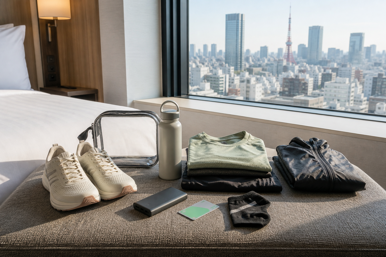 Race clothing and travel essentials packed in a Tokyo hotel room
