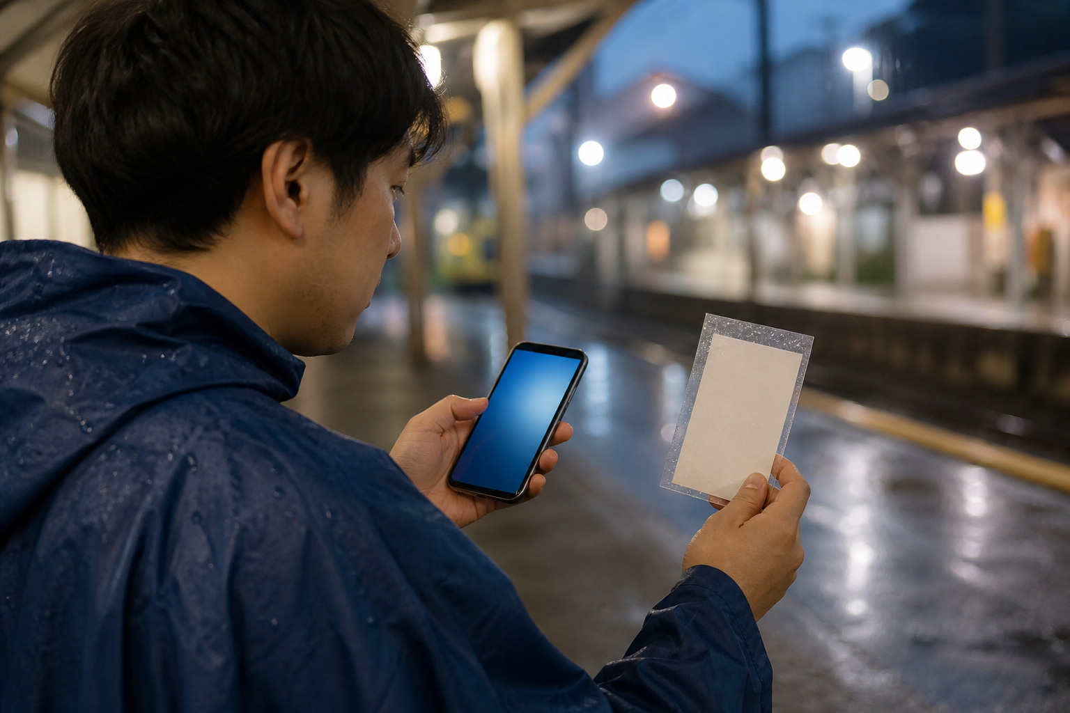 Traveler in a rain poncho checking updates while keeping a ticket dry