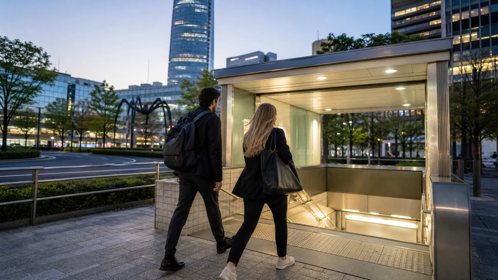 Travelers following a confirmed early-morning route as dawn reaches Roppongi