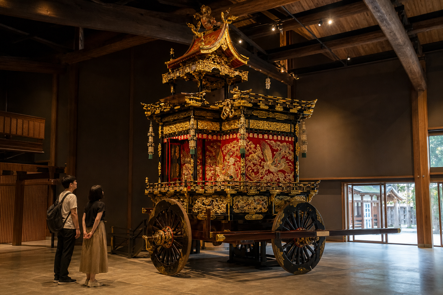 Ornate festival float displayed inside a timber exhibition hall