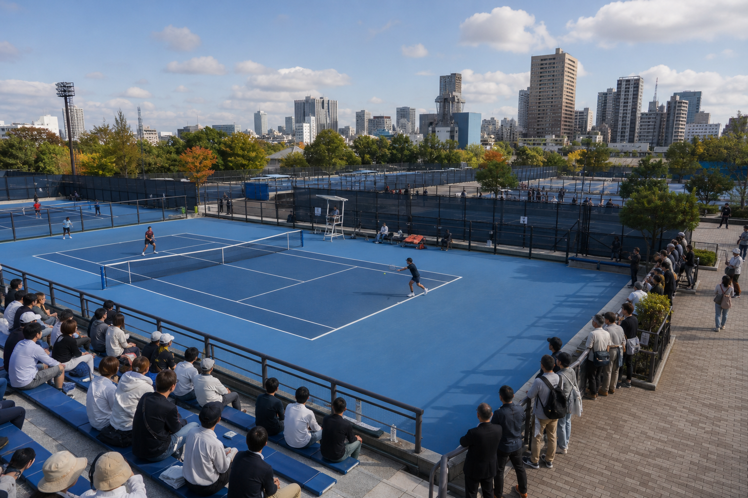 Spectators watching practice and an outside-court tennis match at a Tokyo tournament