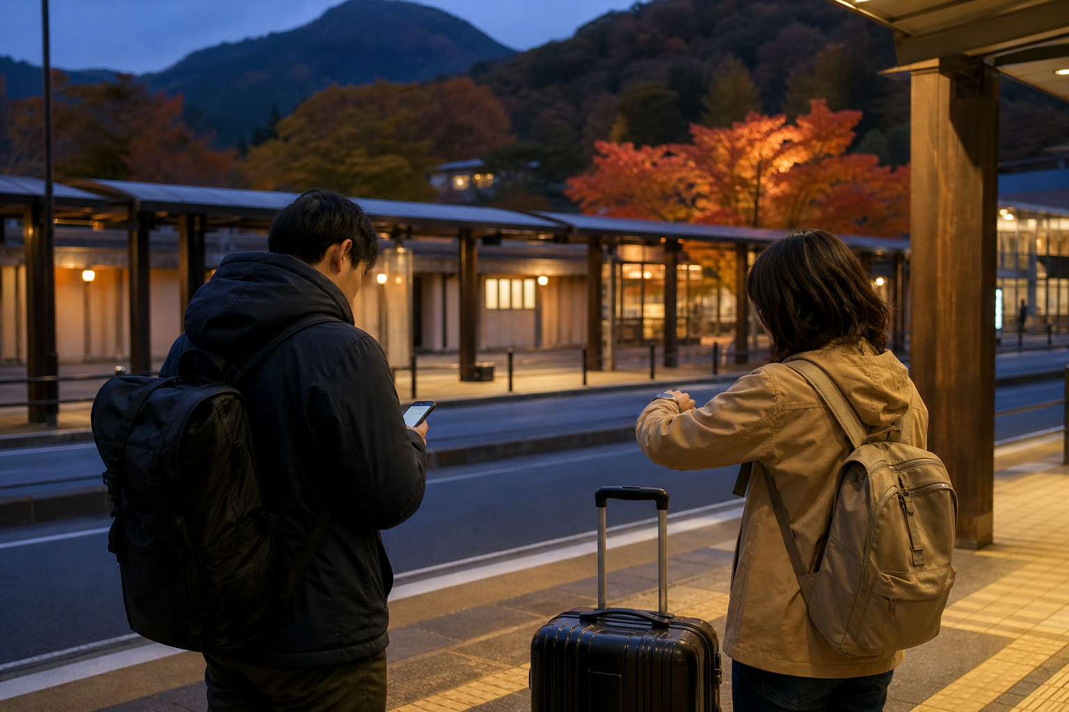 Travelers checking their return time at an evening transport stop in Hakone