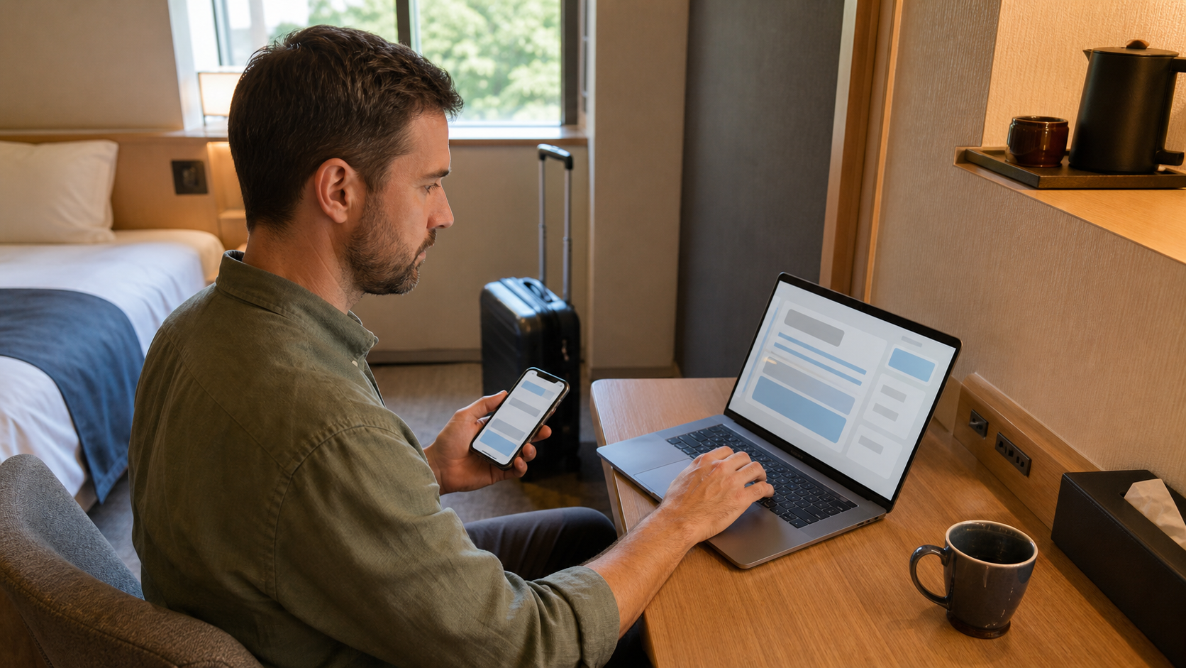Traveler at a bright hotel desk sending a room specification question before booking