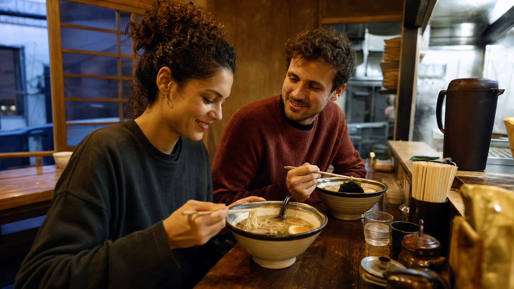 Travelers eating ramen at a regular Tokyo restaurant as a backup plan