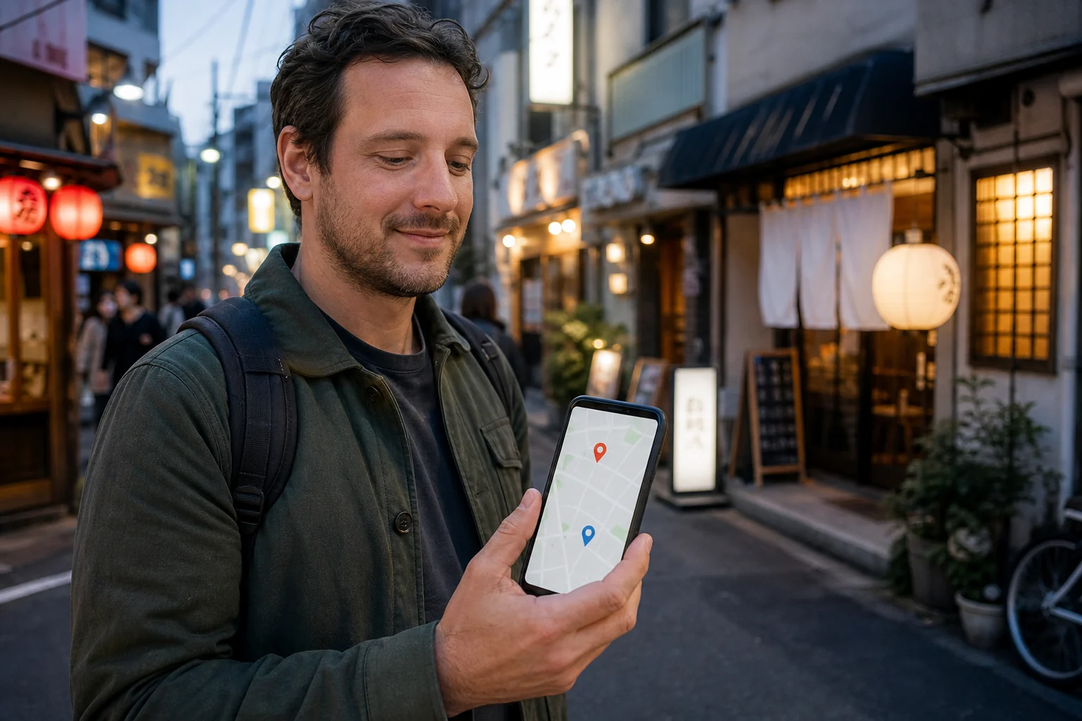 Traveler with a primary and backup restaurant saved on a map