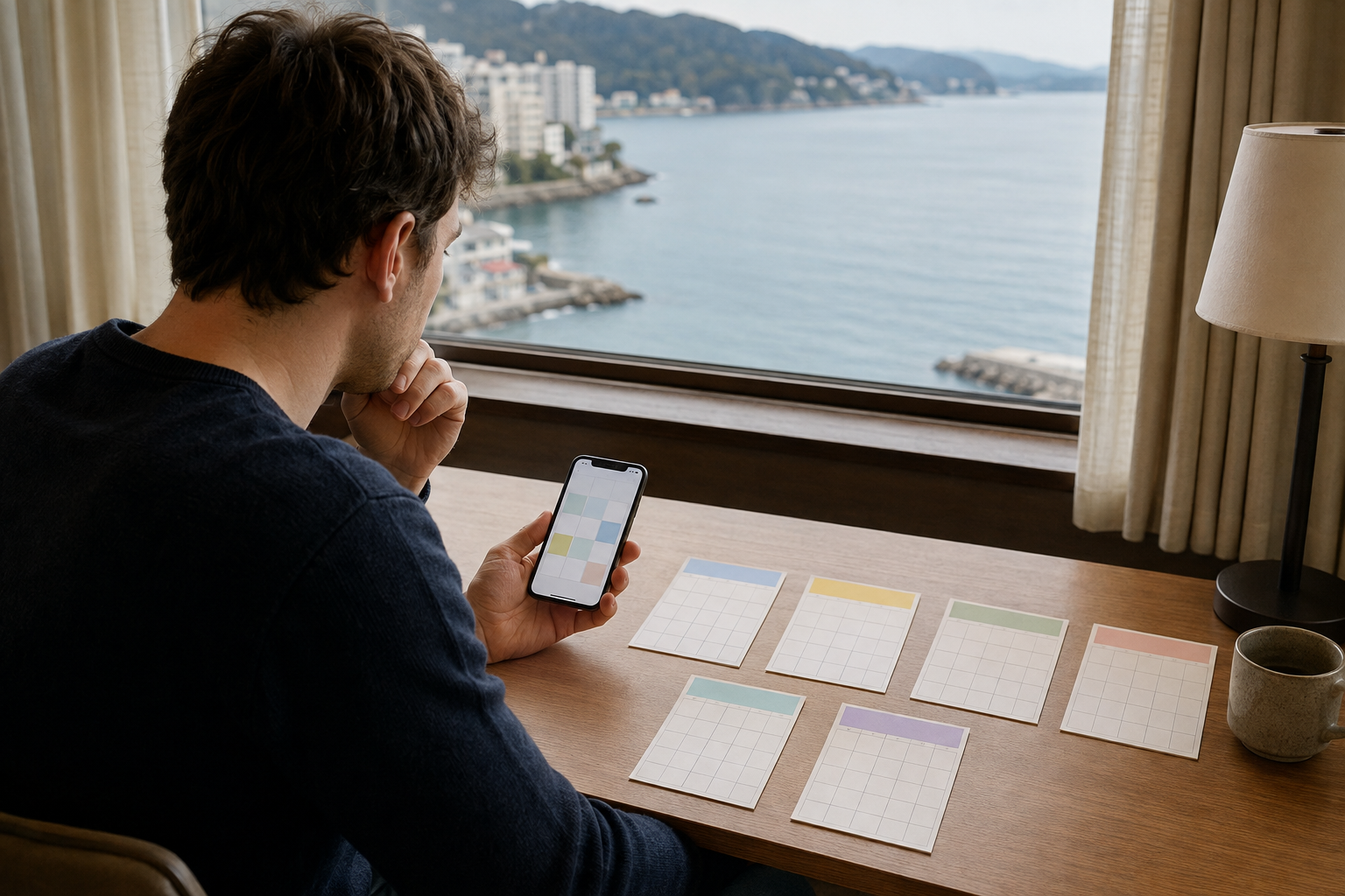 AI-generated editorial illustration of a traveler choosing a date from blank calendar cards