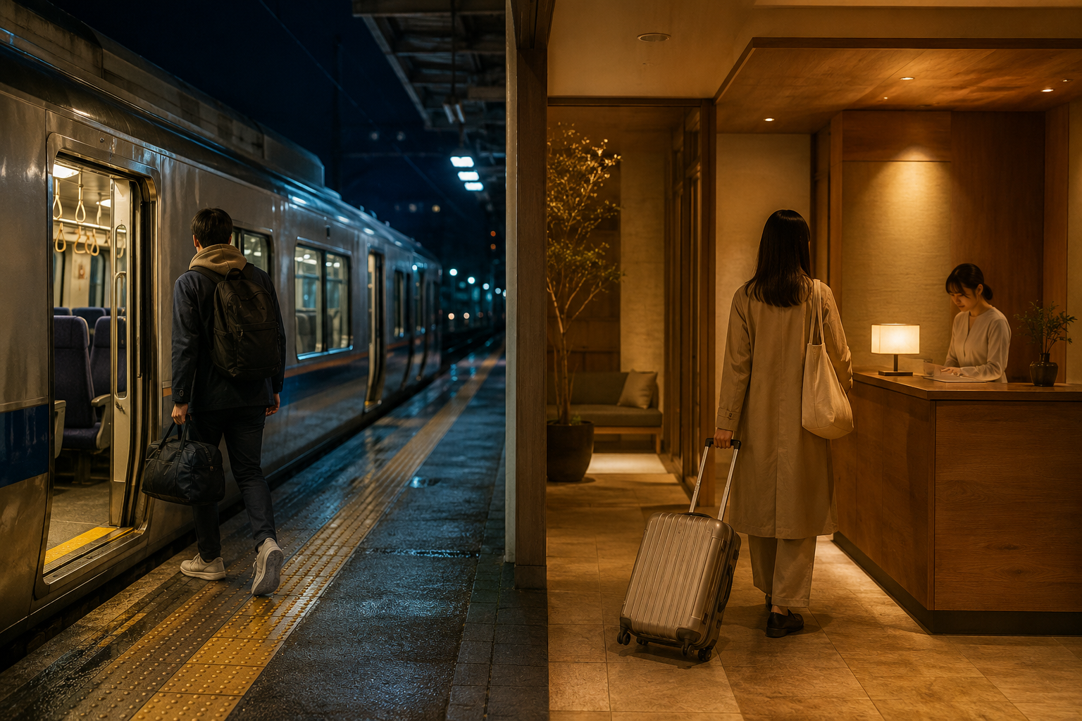AI-generated editorial illustration comparing a same-night train with a coastal inn check-in