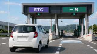 Rental car approaching illustrative ETC and General toll lanes in Japan