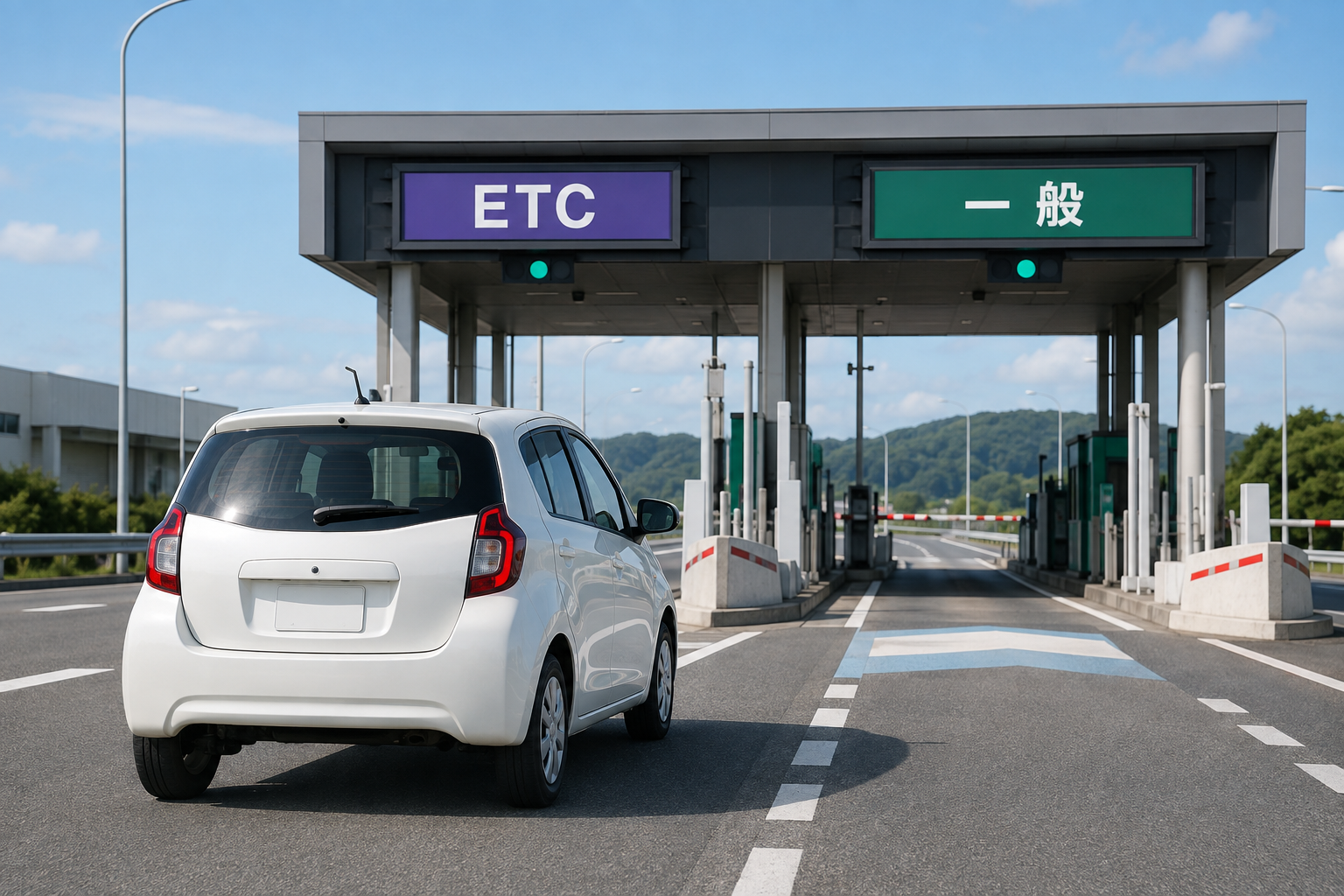 Rental car approaching illustrative ETC and General toll lanes in Japan