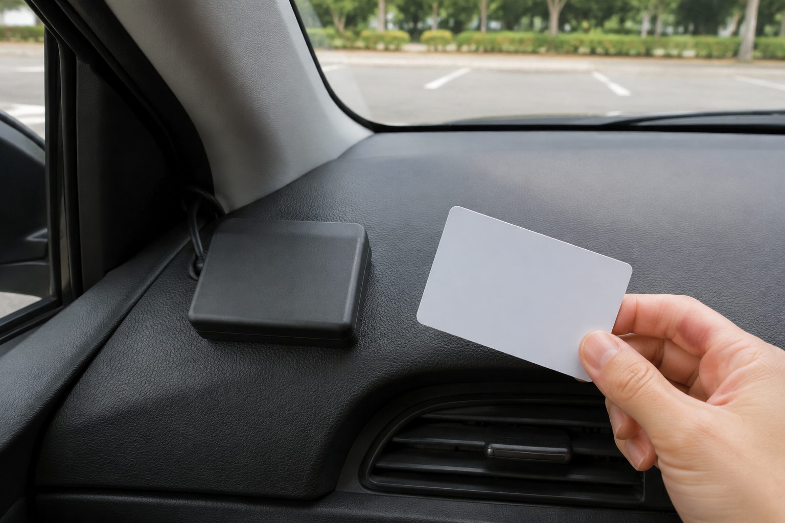 Separate ETC onboard unit and unbranded ETC card inside a parked rental car