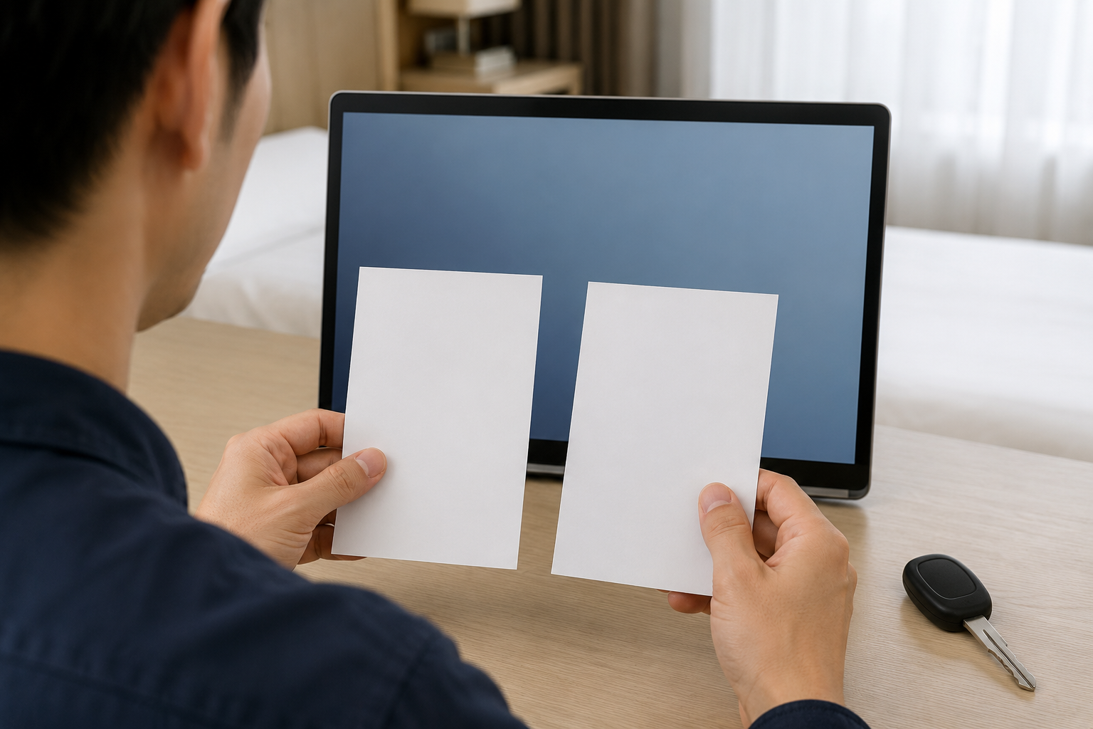 Traveler comparing two blank route options before driving in Japan