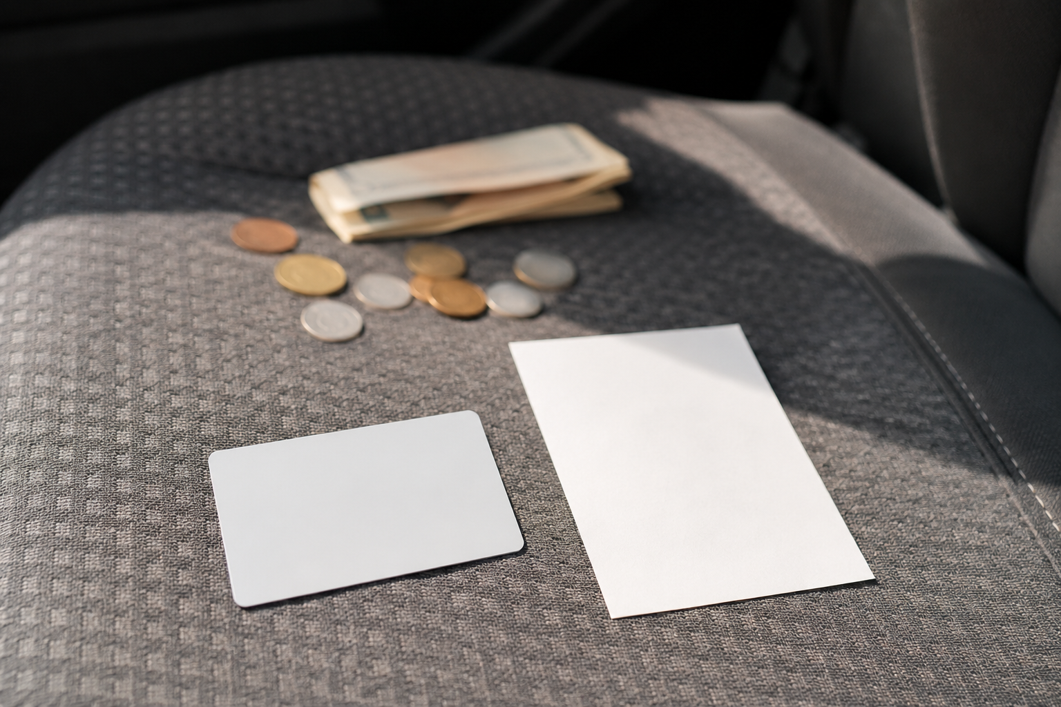 Cash, an unbranded card, and a blank route note prepared as toll payment fallbacks