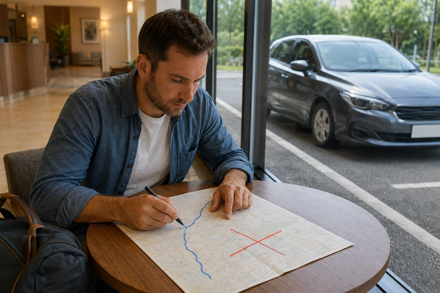 Traveler changing a schematic driving route before departure