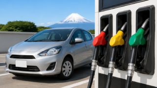 Generic rental car beside a self-service fuel pump with red, yellow and green nozzles
