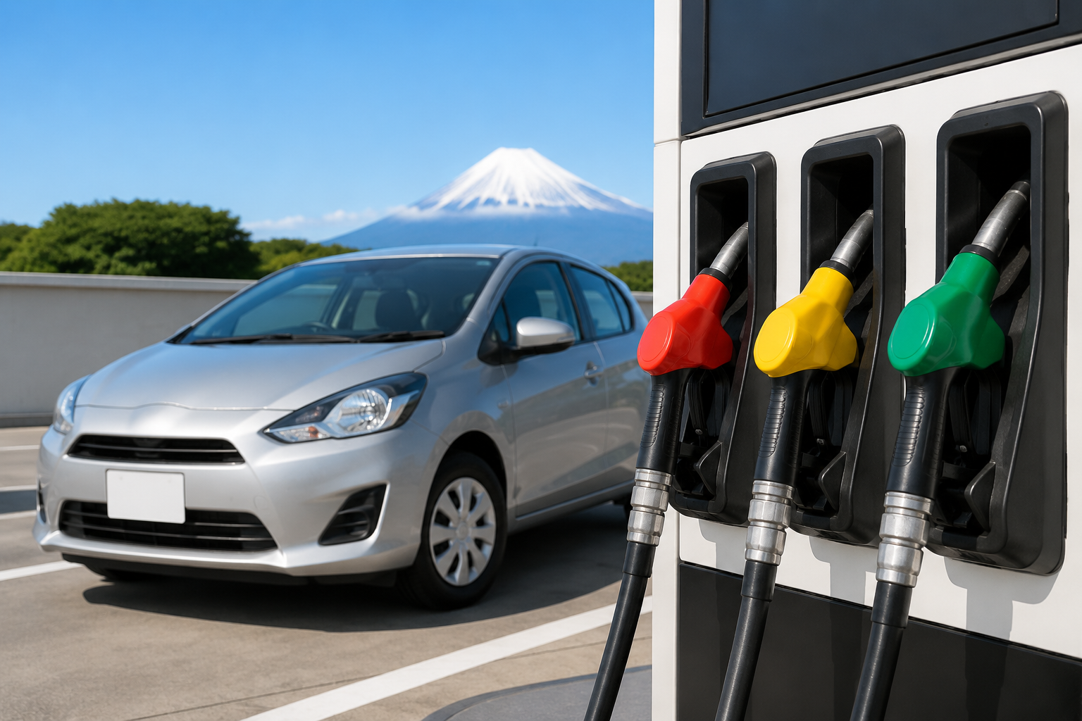 Generic rental car beside a self-service fuel pump with red, yellow and green nozzles