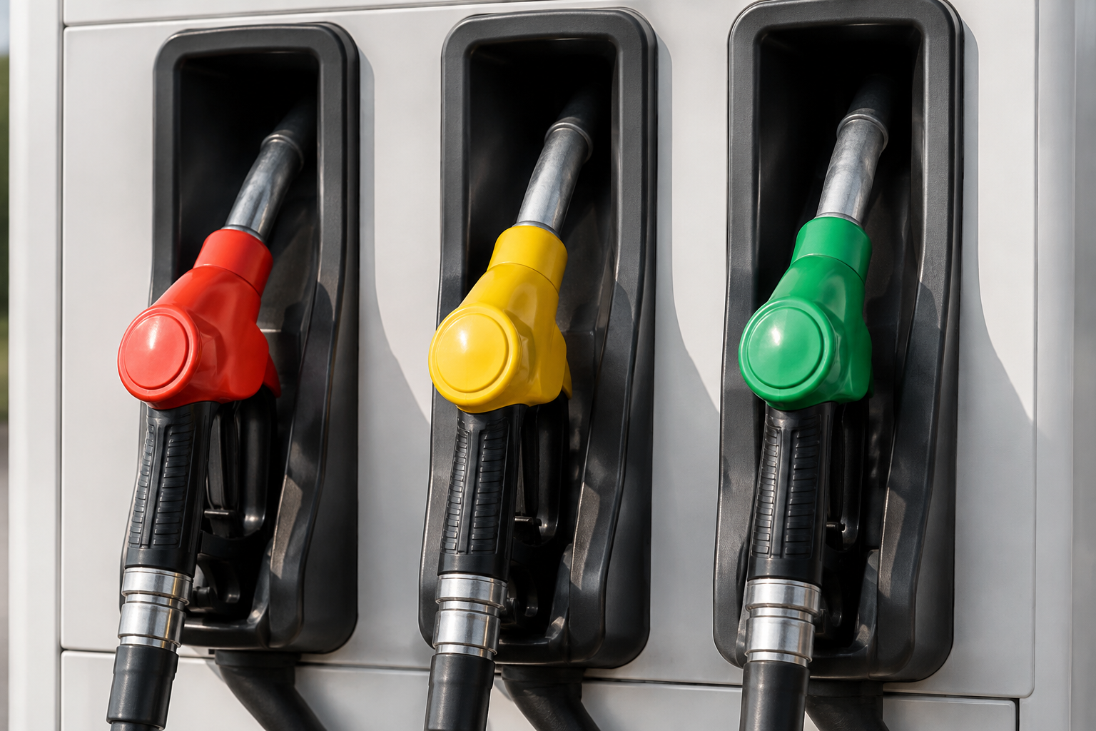 Three generic fuel nozzles in red, yellow and green