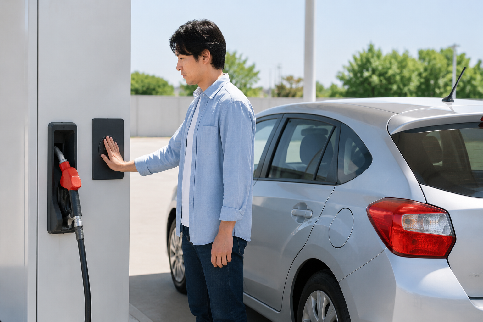 Traveler touching an anti-static pad before self-service refueling