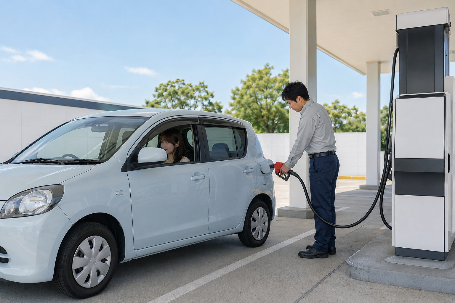 Generic attendant refueling a parked rental car at a staffed station