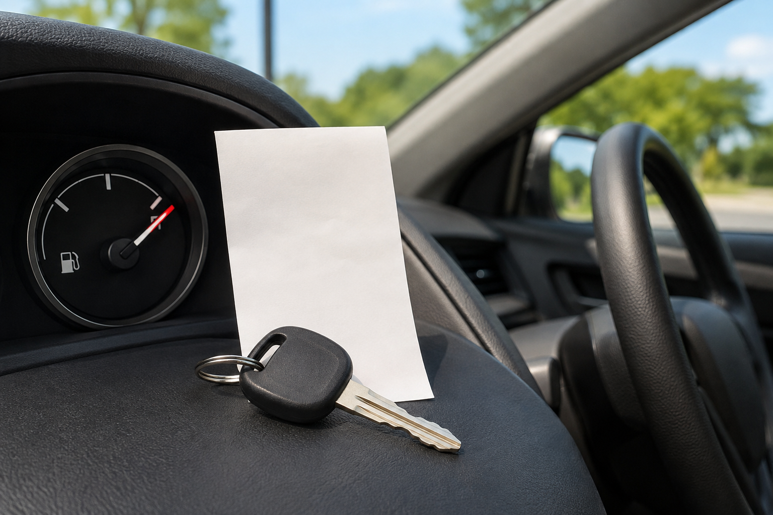 Blank fuel receipt, rental key and full fuel gauge inside a parked car