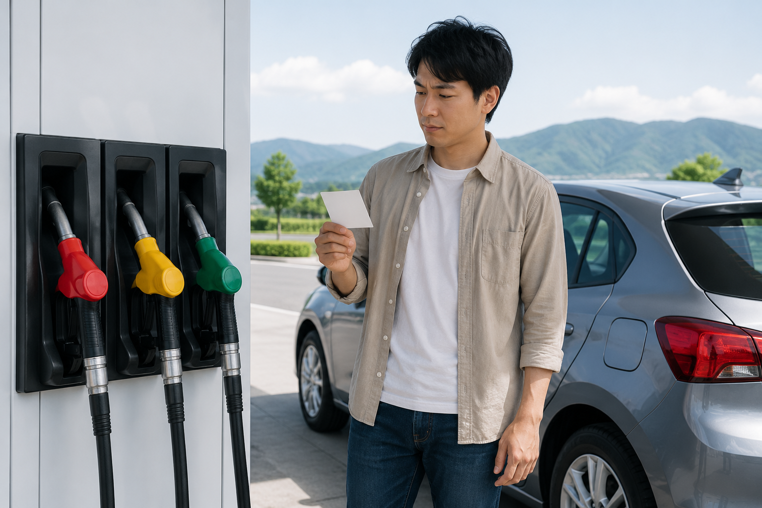 Traveler checking a blank fuel note before selecting a nozzle