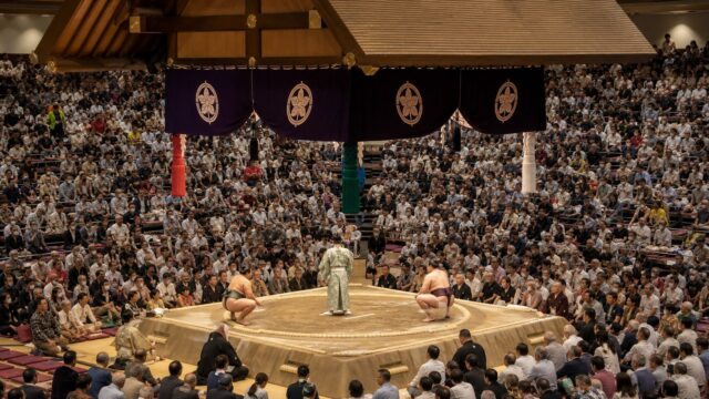 A sumo ring under arena lights with spectators seated around the dohyo