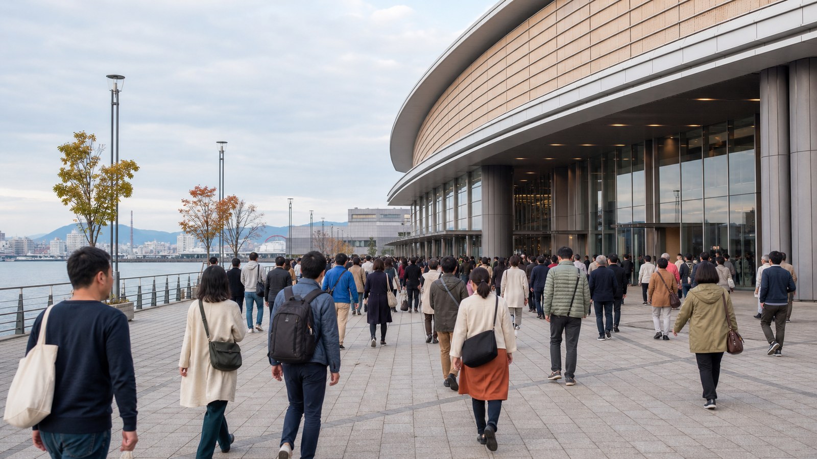 Spectators arriving at an indoor arena with compact bags before a sumo event