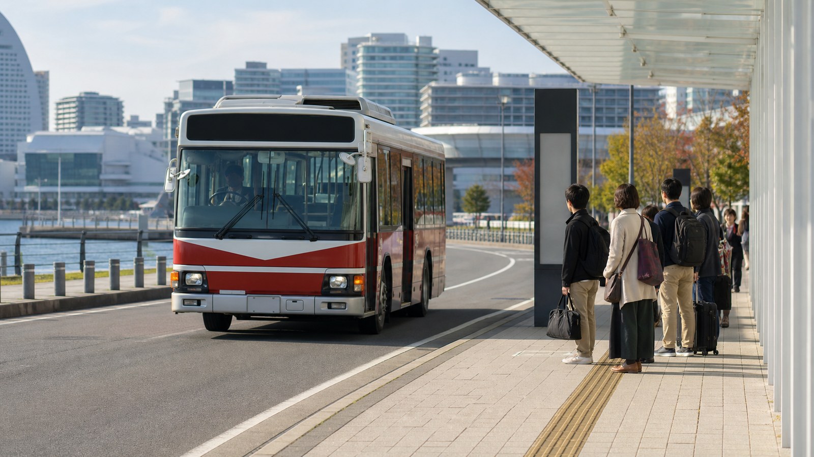 Travelers waiting for a city bus in Fukuoka's waterfront convention district