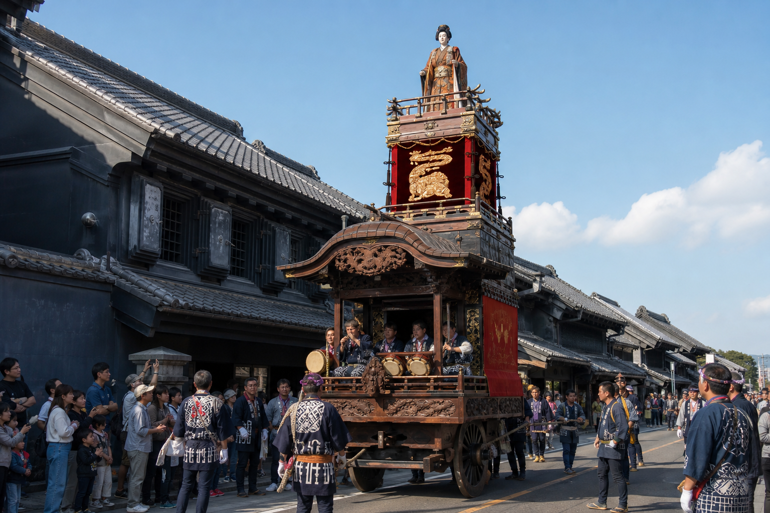 Traditional two-story Kawagoe festival float moving through the storehouse district in daylight
