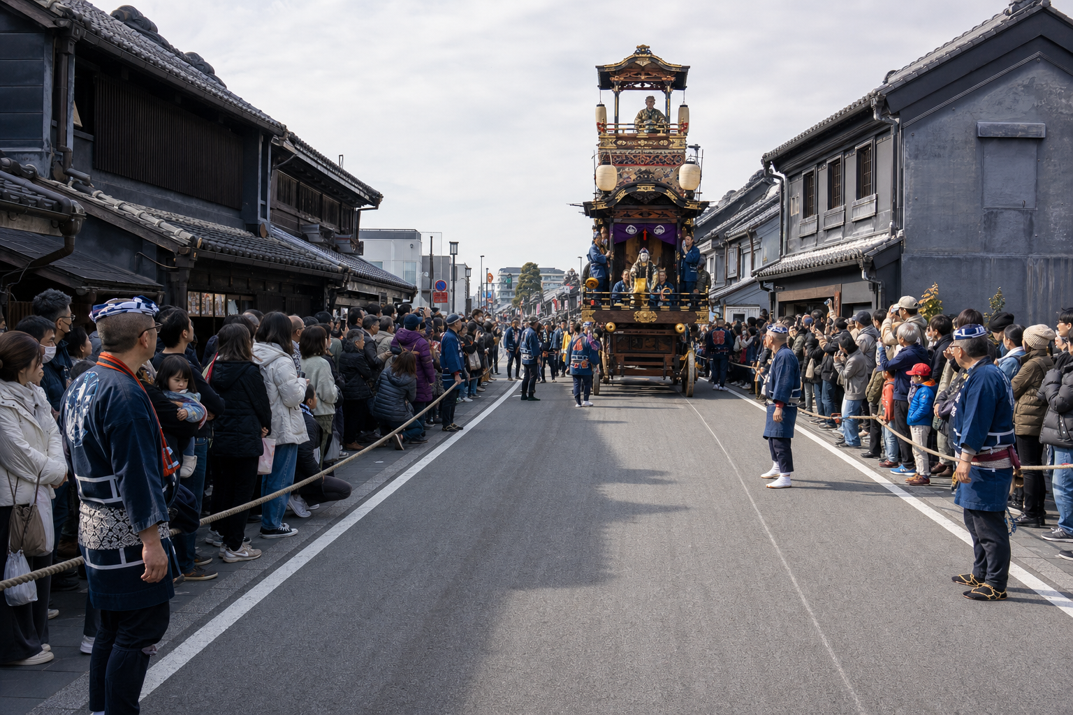 Orderly spectators leaving a clear operating lane for a Kawagoe festival float