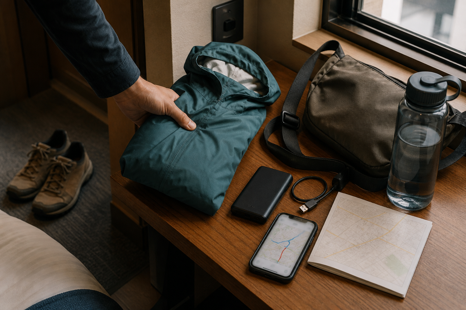 Walking shoes, compact raincoat, power bank, water and a saved route prepared in a hotel room