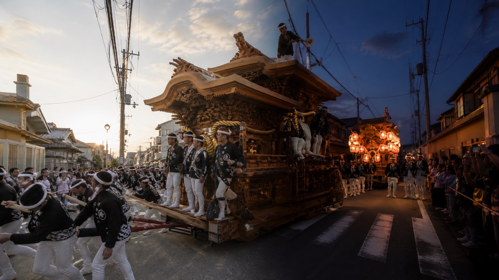 A Kishiwada danjiri shown between warm daytime activity and lantern-lit evening festival scenes