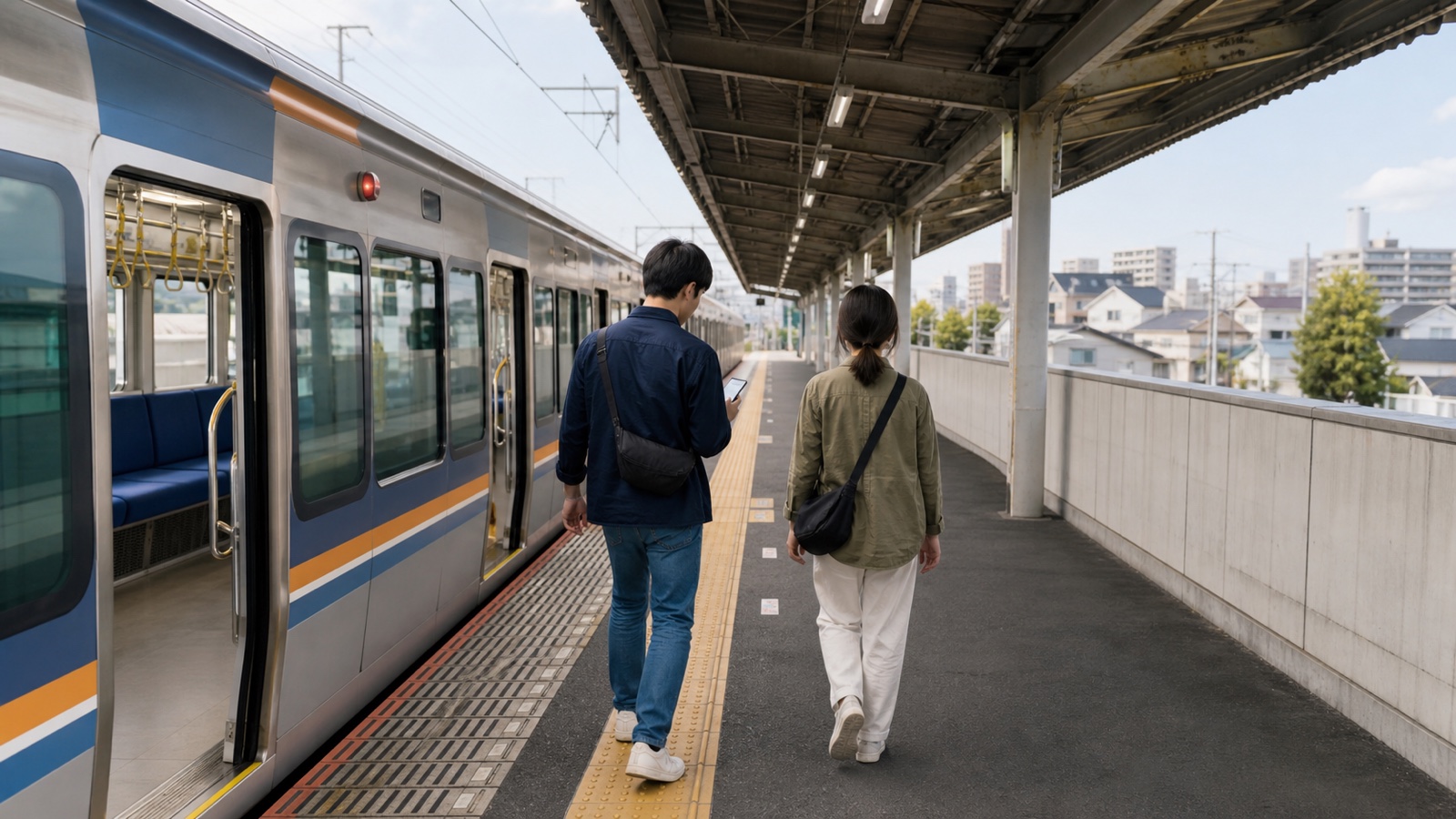 Travelers with small bags checking a phone after leaving a commuter train on an Osaka-area platform