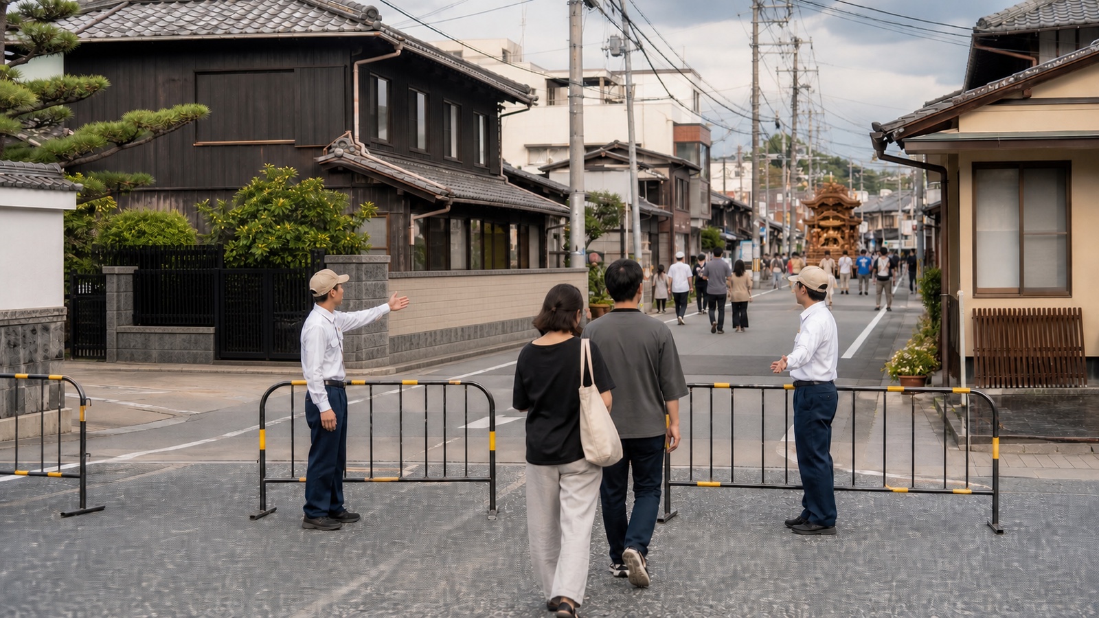 Festival staff guiding pedestrians at a traffic barrier outside a Kishiwada street route