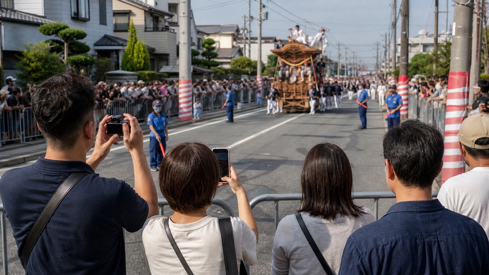 Spectators photographing a danjiri from behind a barrier with a wide clear road buffer