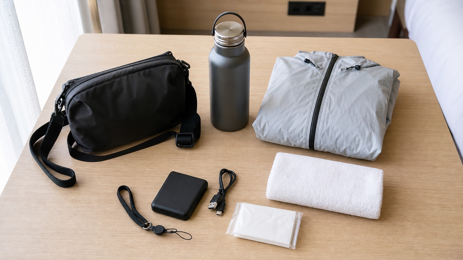 Compact festival kit with water, raincoat, towel, power bank and hands-free bag on a hotel desk