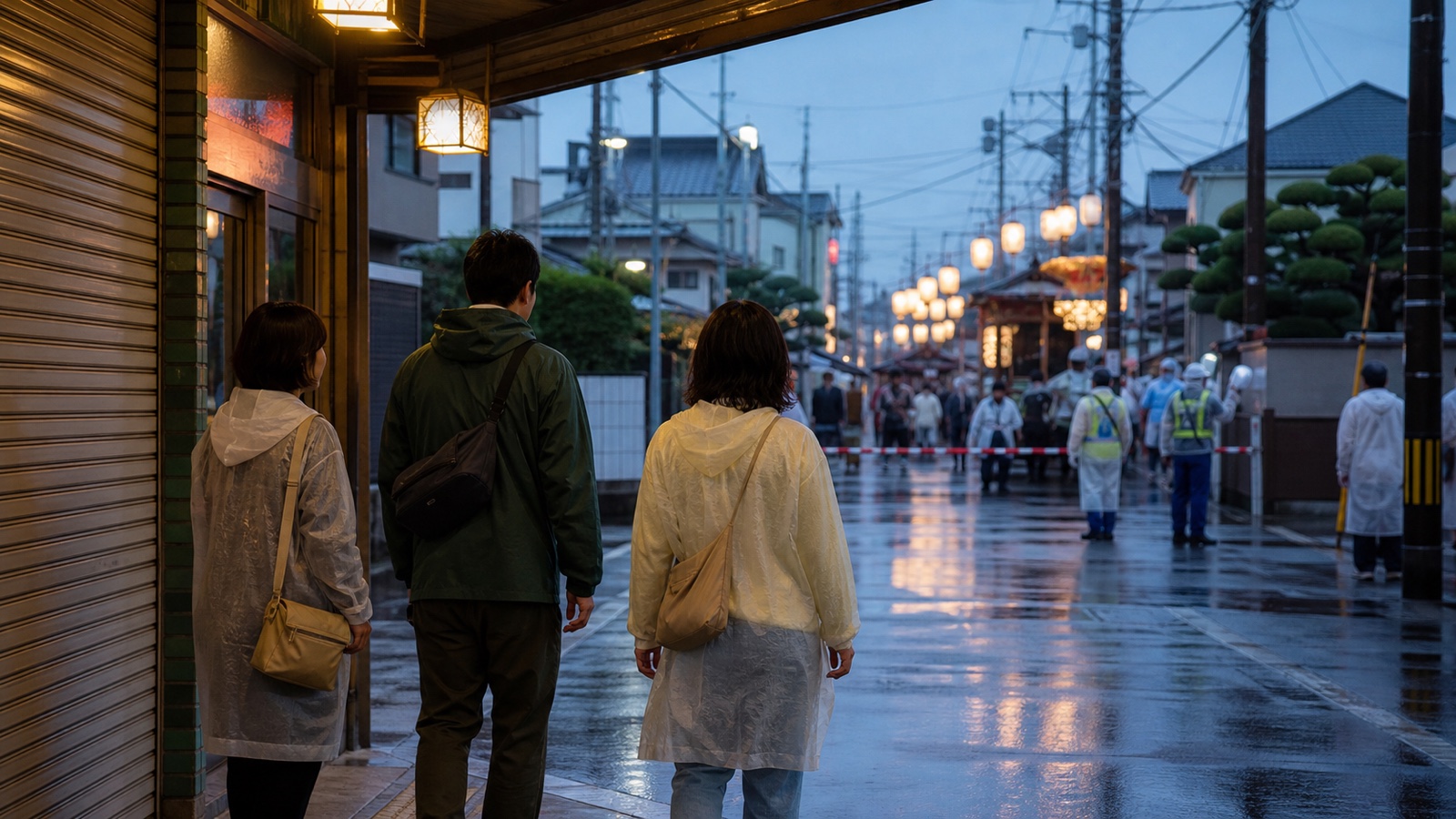 Travelers in raincoats choosing shelter beside a controlled festival street at blue hour