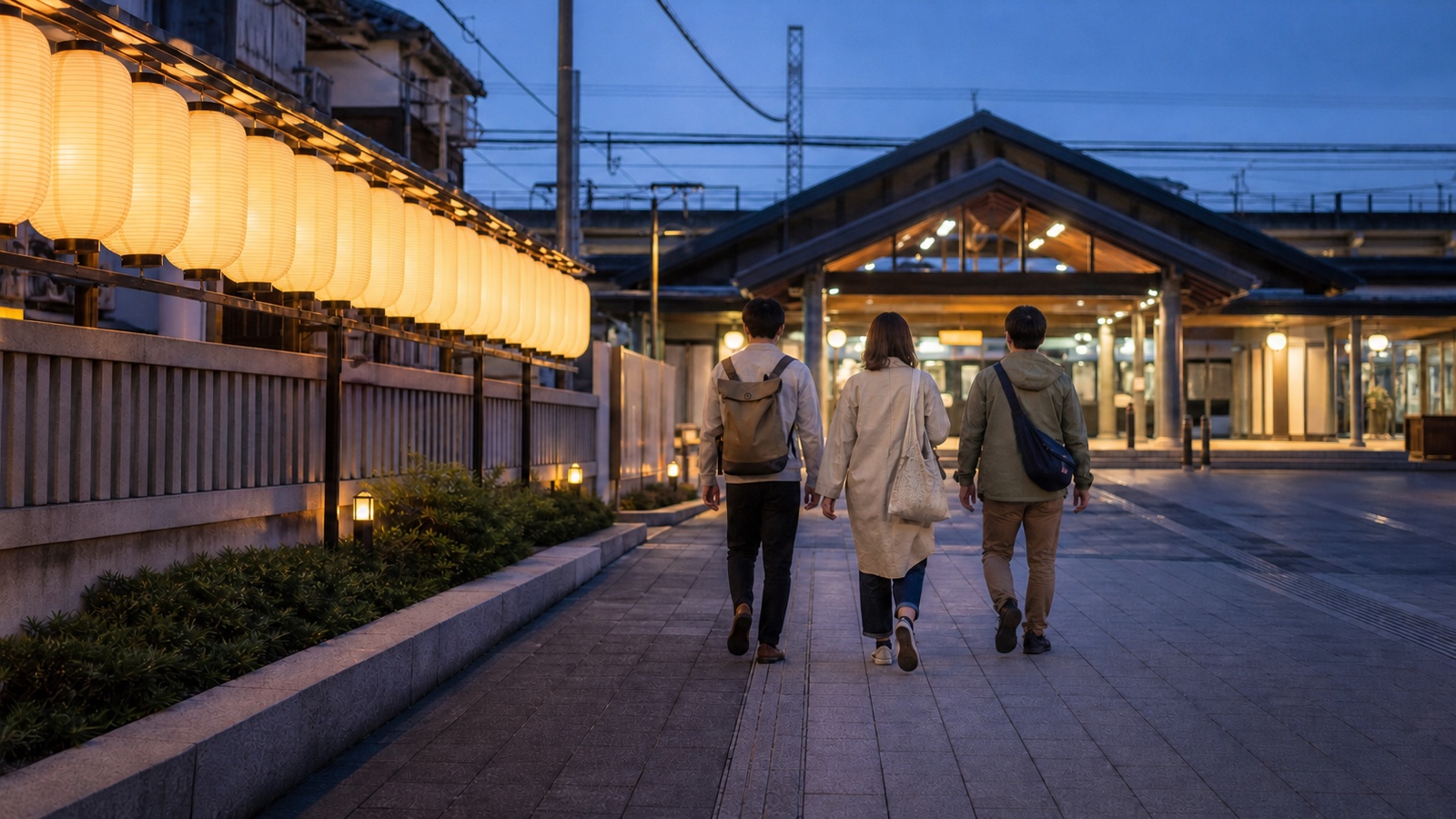 Three travelers walking calmly toward a railway station after a festival at blue hour