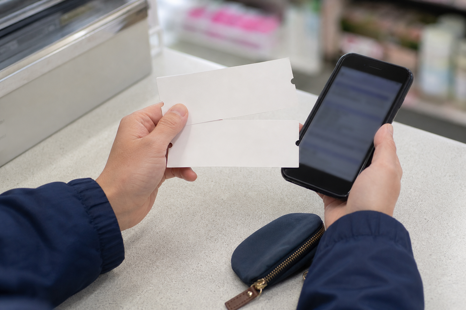 Hands comparing paper event tickets and a phone at a convenience-store counter
