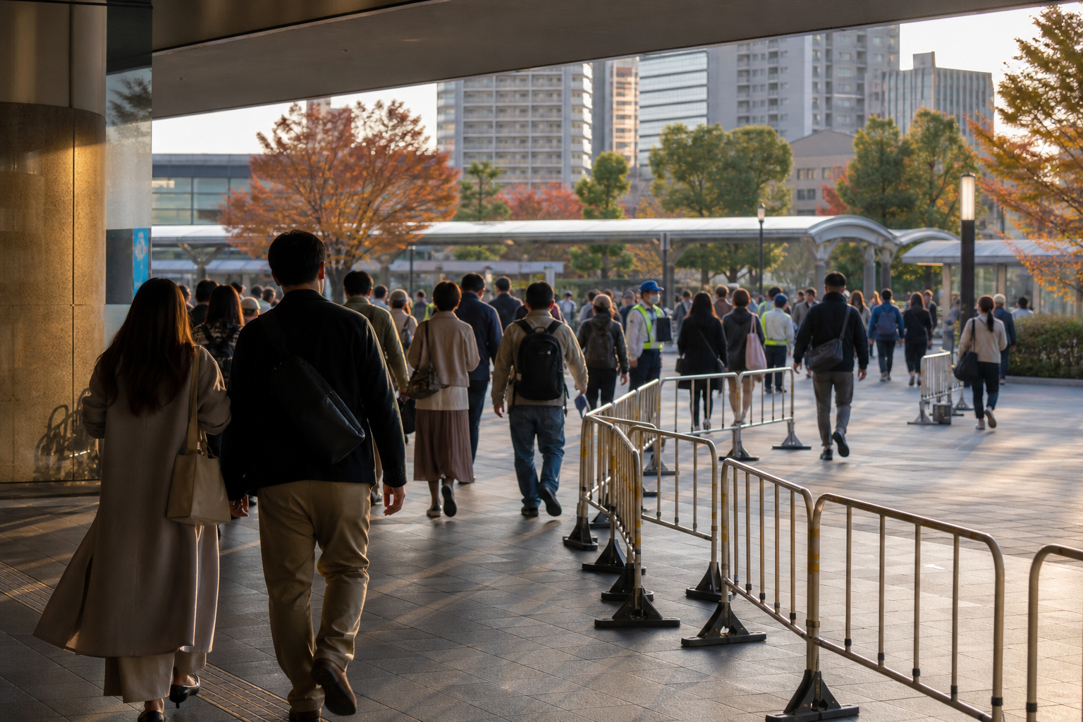 Travelers following crowd-control barriers outside a Japanese railway station