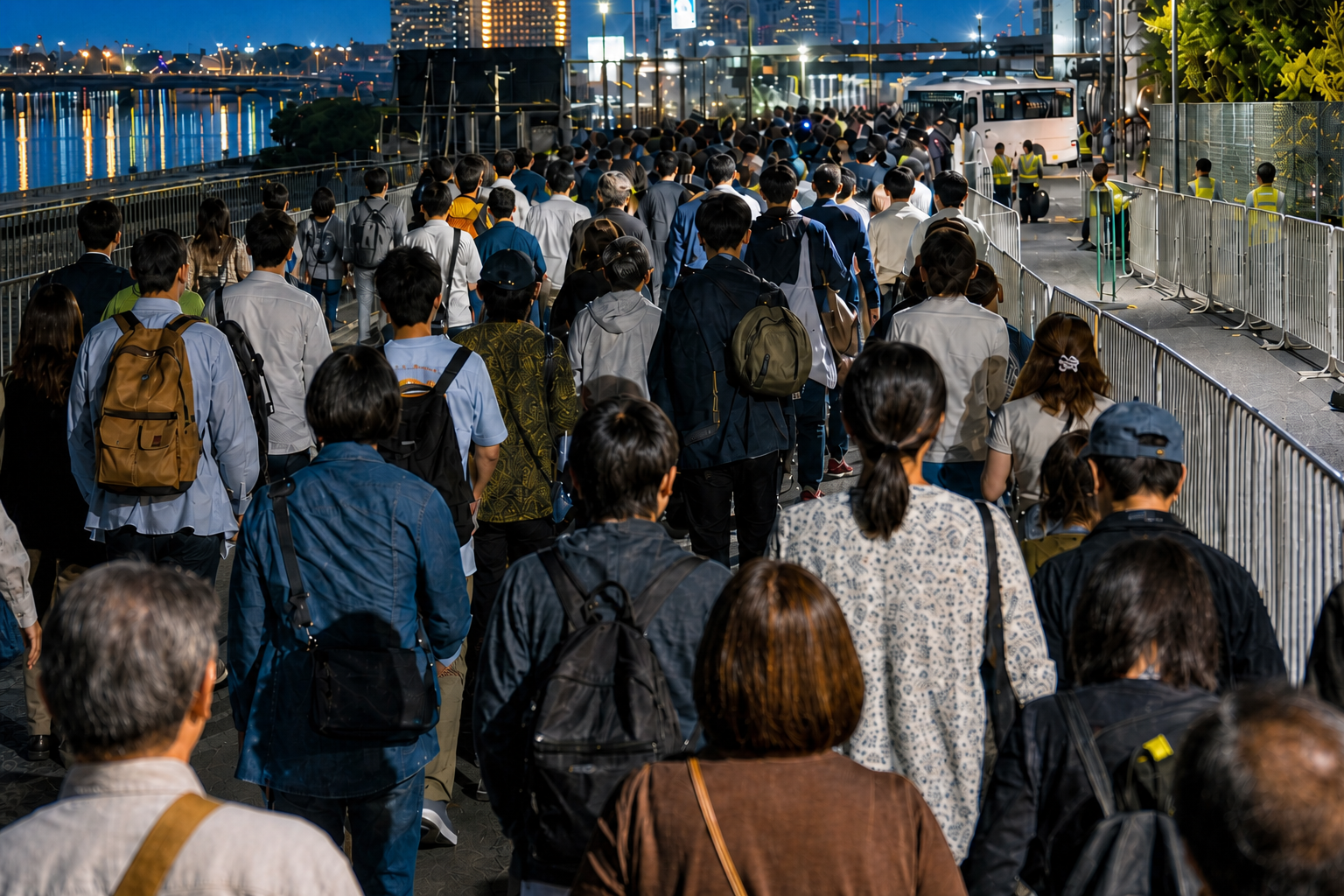 Orderly riverside event crowd walking between barriers after the show