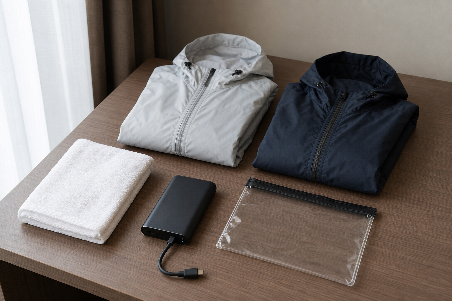 Raincoats, power bank and towel prepared for an evening fireworks event