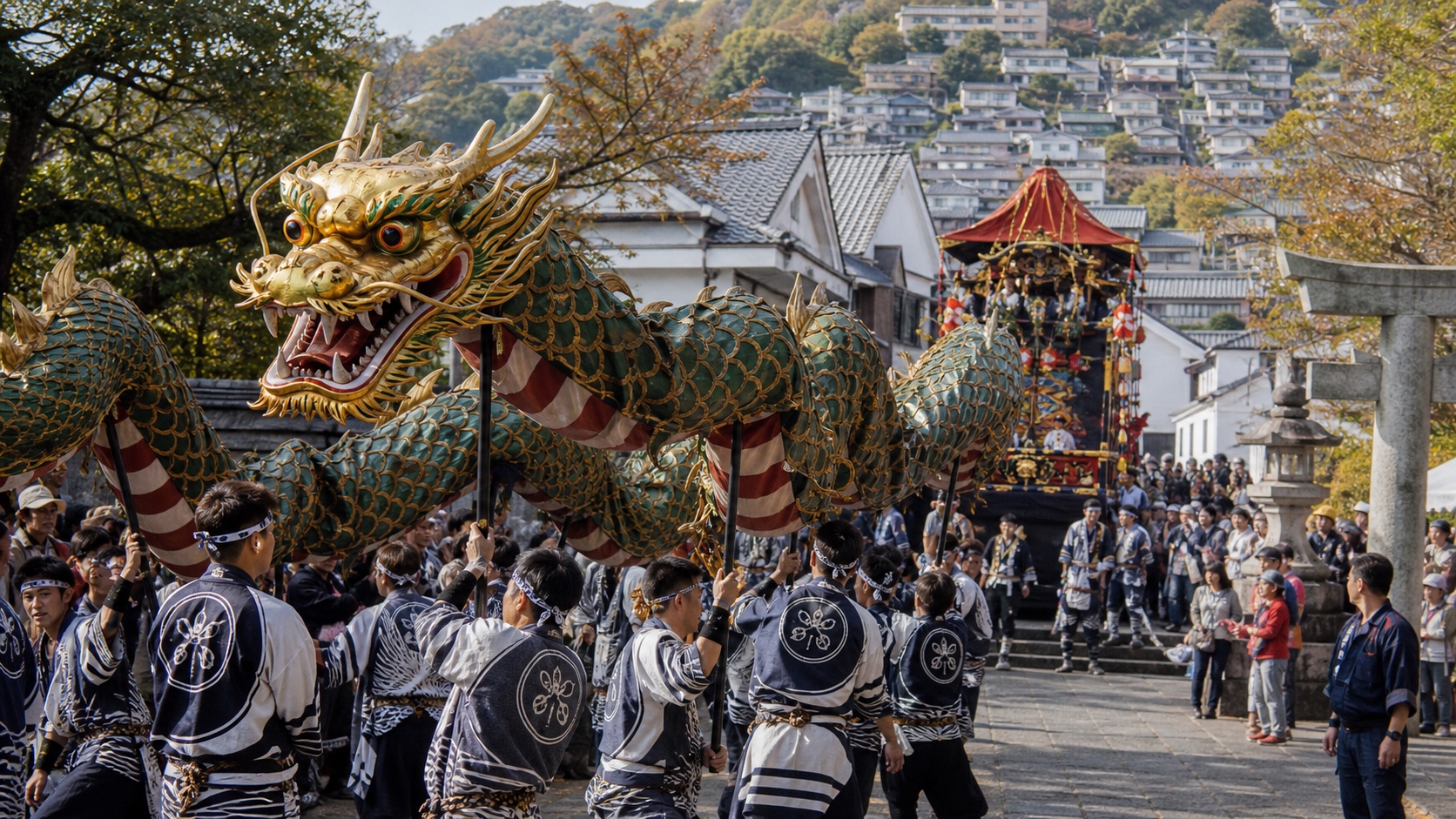 A Nagasaki Kunchi dragon dance performed before a festival crowd