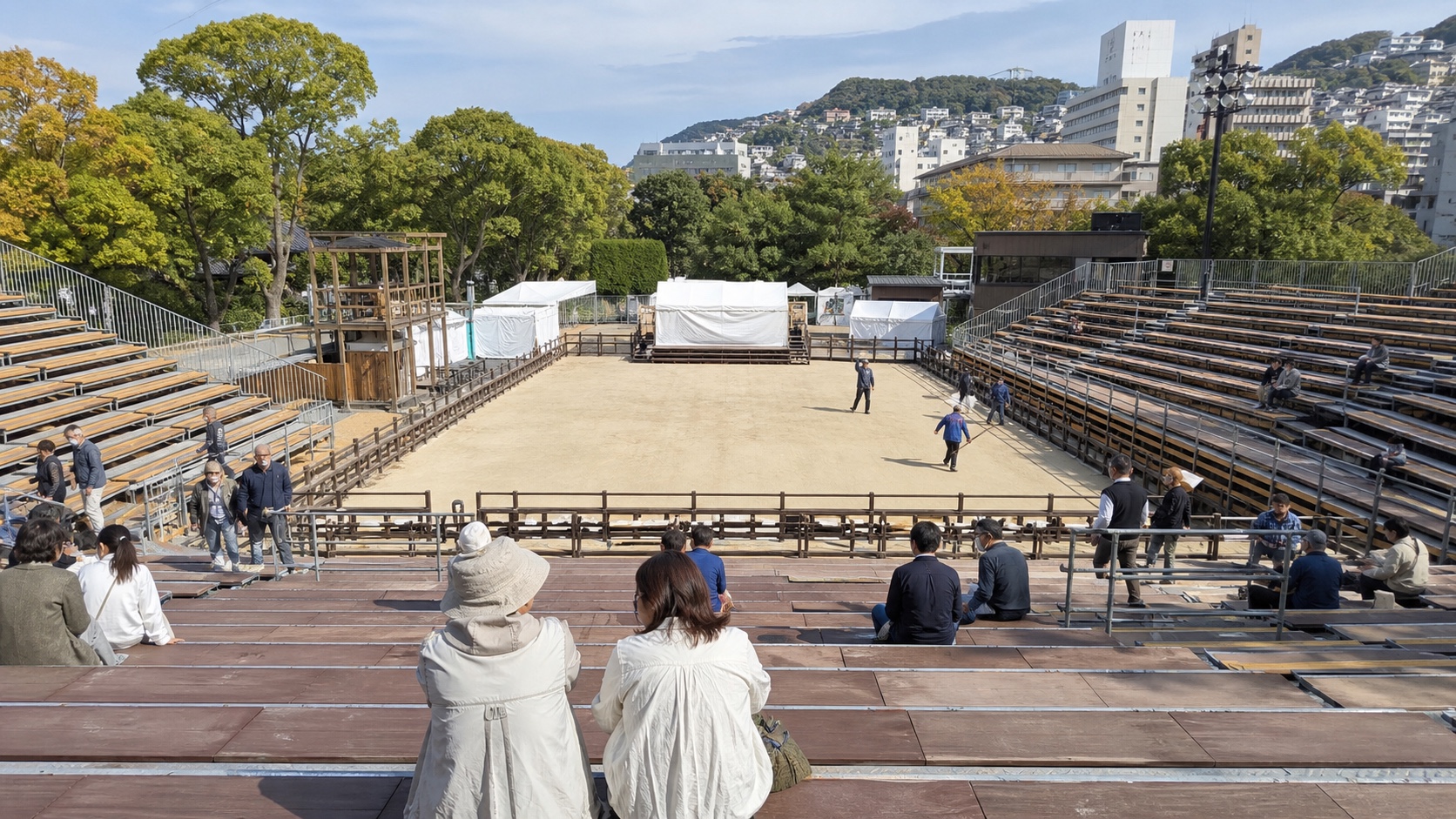 Temporary spectator stands at a Nagasaki Kunchi performance venue
