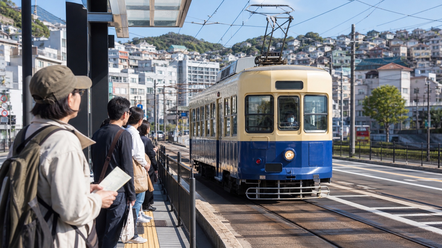 Festival visitors using a Nagasaki streetcar to reach a Kunchi venue