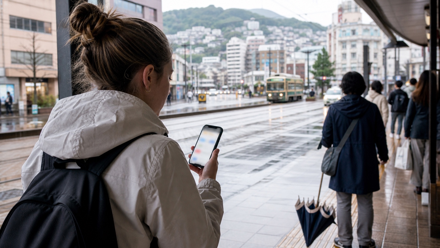 A traveler checking a Nagasaki Kunchi schedule update after rain