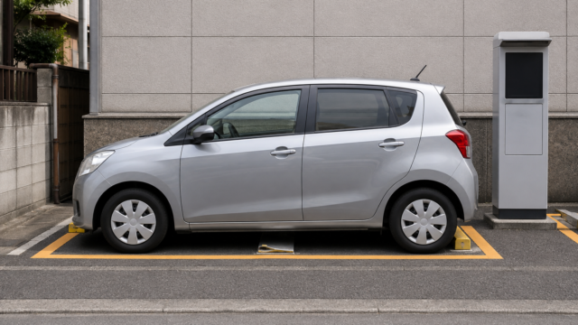 AI-generated illustration of an unbranded rental car in a Japanese coin-parking bay with a lowered flap and blank payment machine