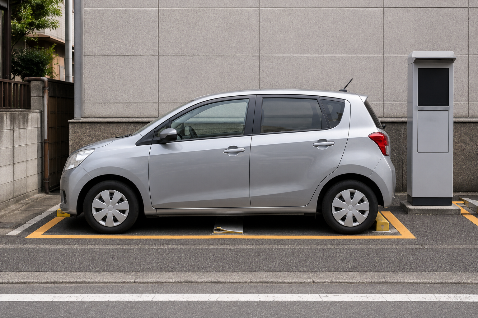 AI-generated illustration of an unbranded rental car in a Japanese coin-parking bay with a lowered flap and blank payment machine