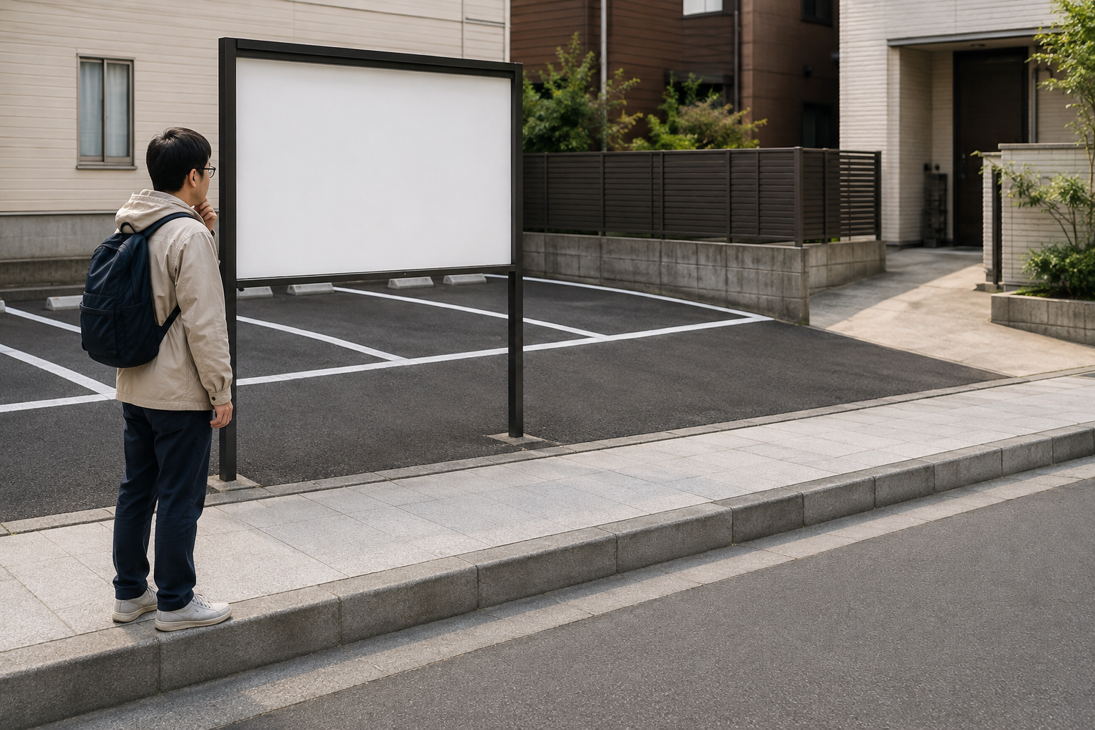 AI-generated illustration of a traveler checking a generic public parking lot from the sidewalk beside a separated private driveway