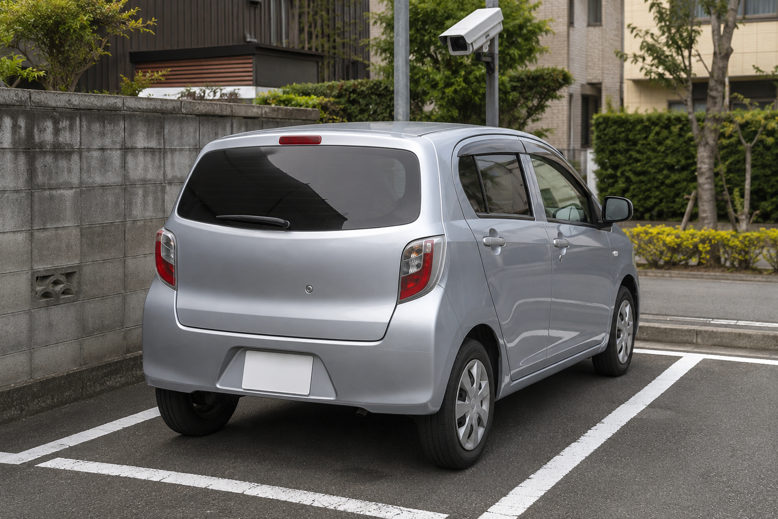 AI-generated illustration of a generic plate-recognition camera monitoring an unbranded parked car