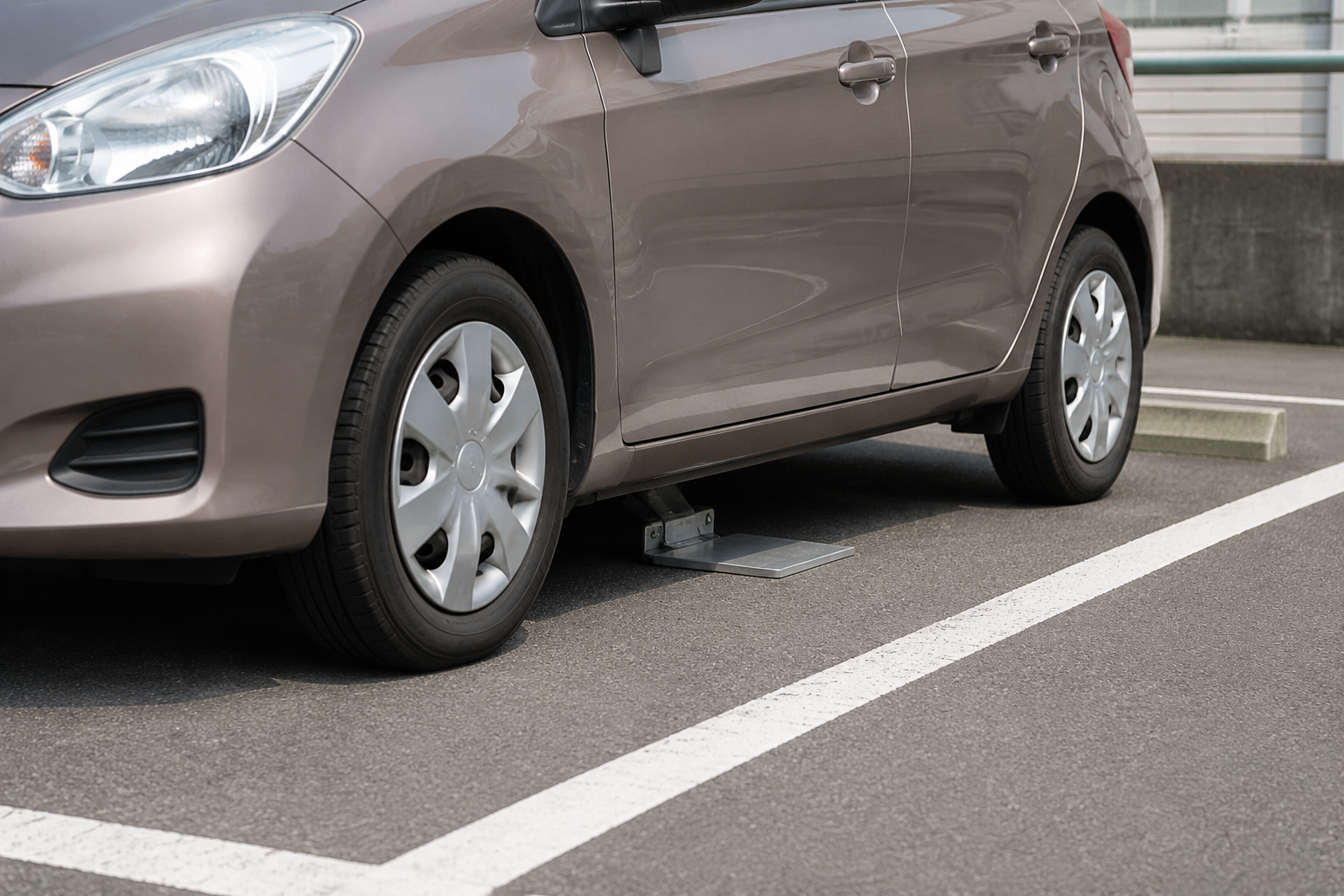 AI-generated illustration of a compact lowered parking flap safely clear between a car's wheels